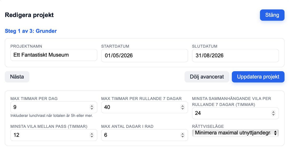 Schedulyn rättvisa och inställningar